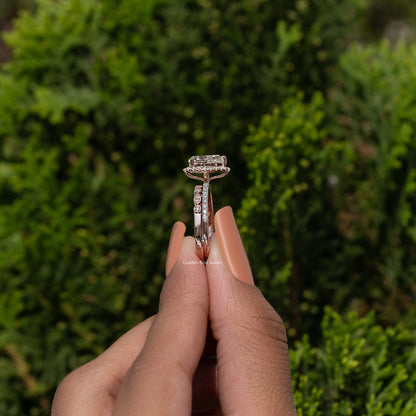 Moissanite halo bridal ring set, side view with pavé band