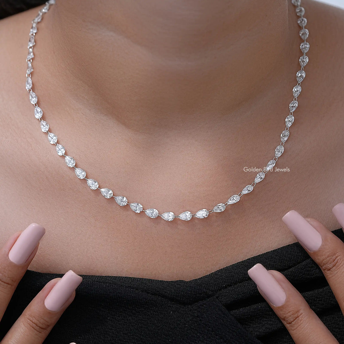 Silver pear-cut diamond tennis necklace, evenly spaced oval links