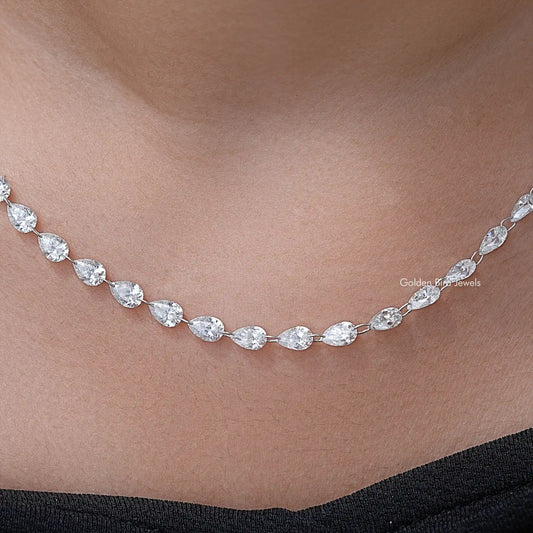 Silver pear-cut diamond tennis necklace with oval link stations