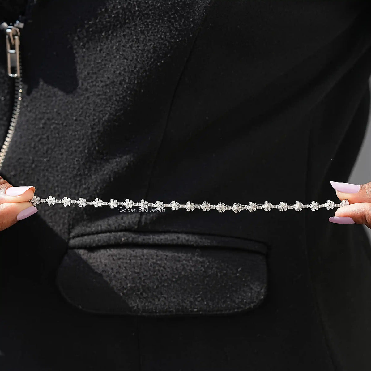 Full view of moissanite bracelet in unique shape