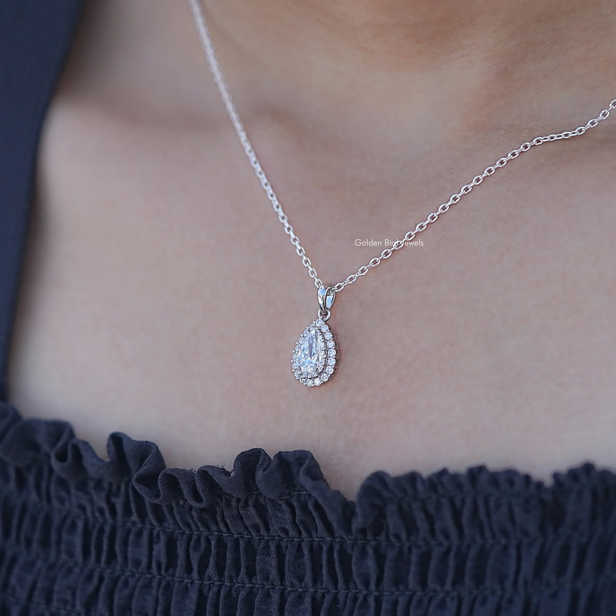 In Neck View of Pear Cut Lab Grown Diamond Halo Pendant