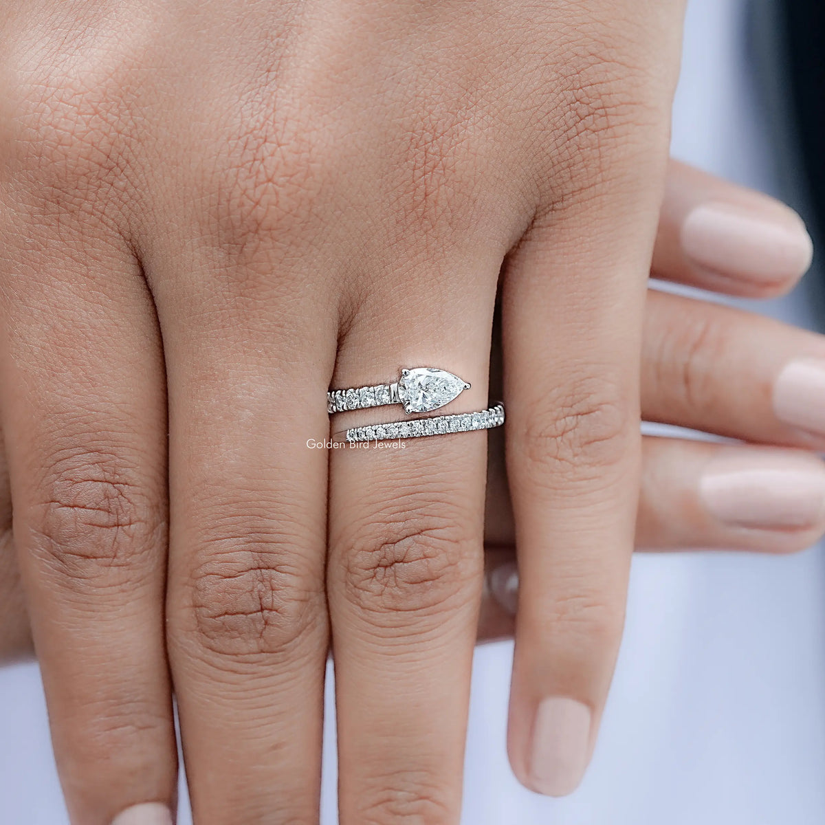 Top view of Pear And Round Cut Lab Diamond Open Cuff Band