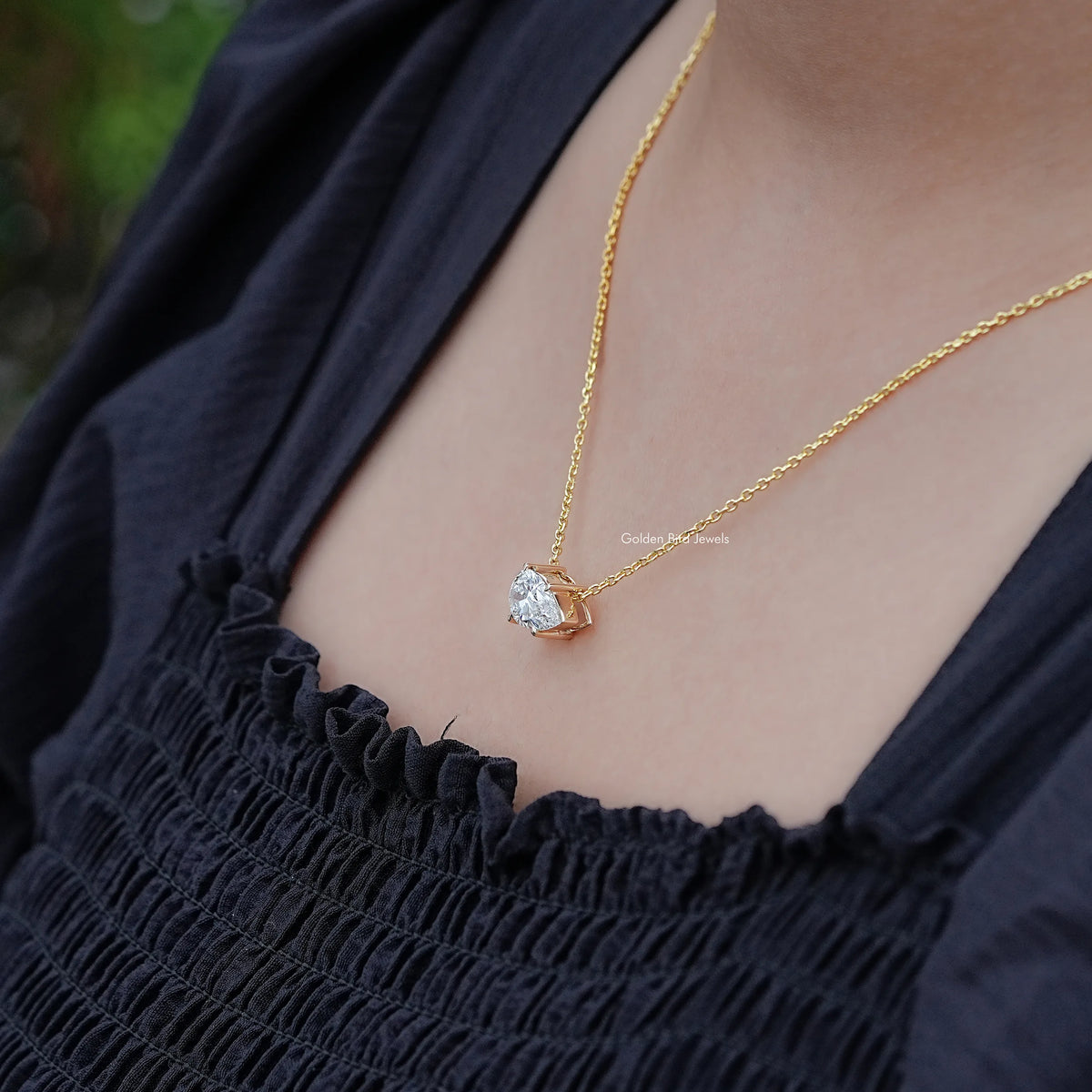 In Neck View of Pear Shaped Lab Diamond Solitaire Pendant
