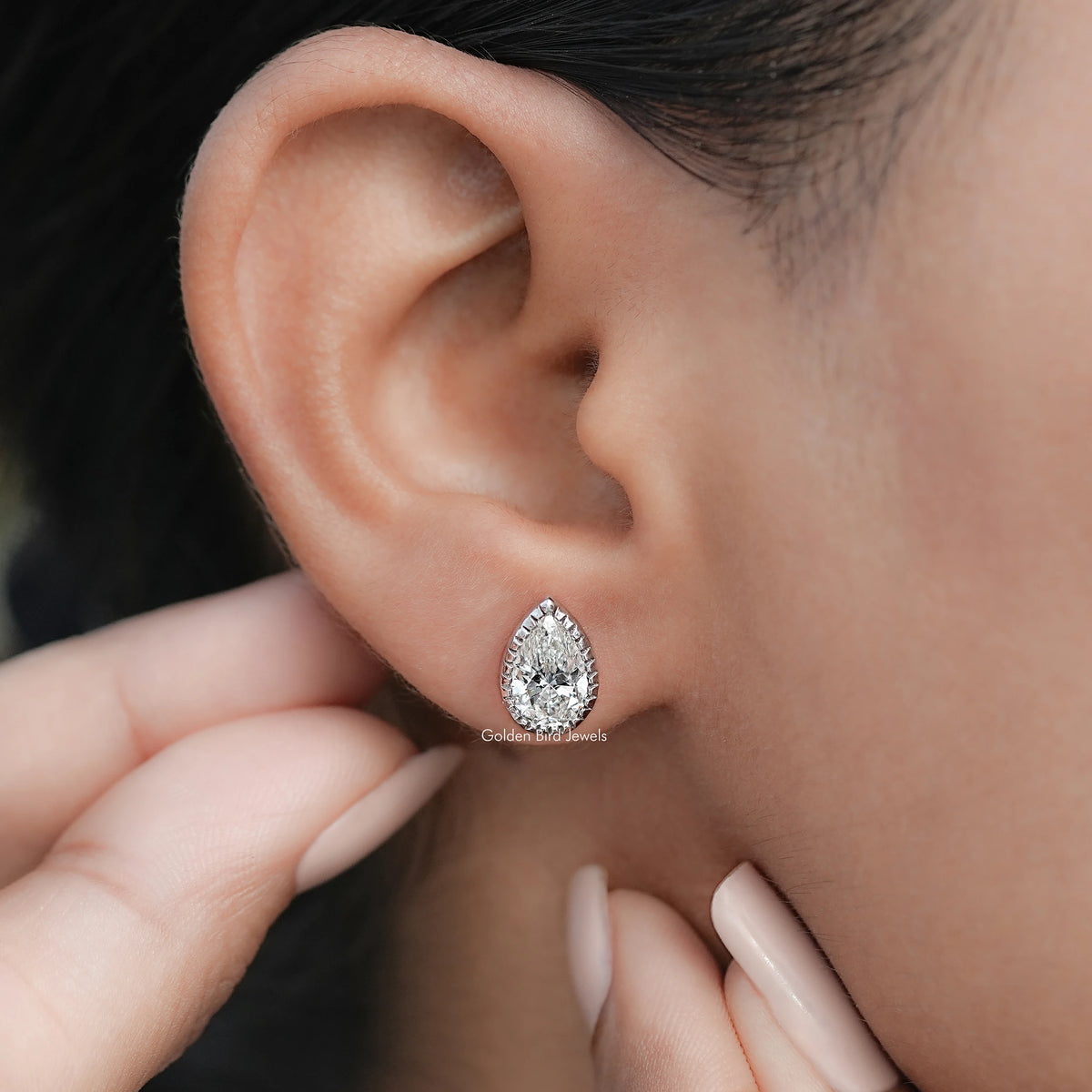 Front view of Pear Diamond Milgrain Bezel Studs