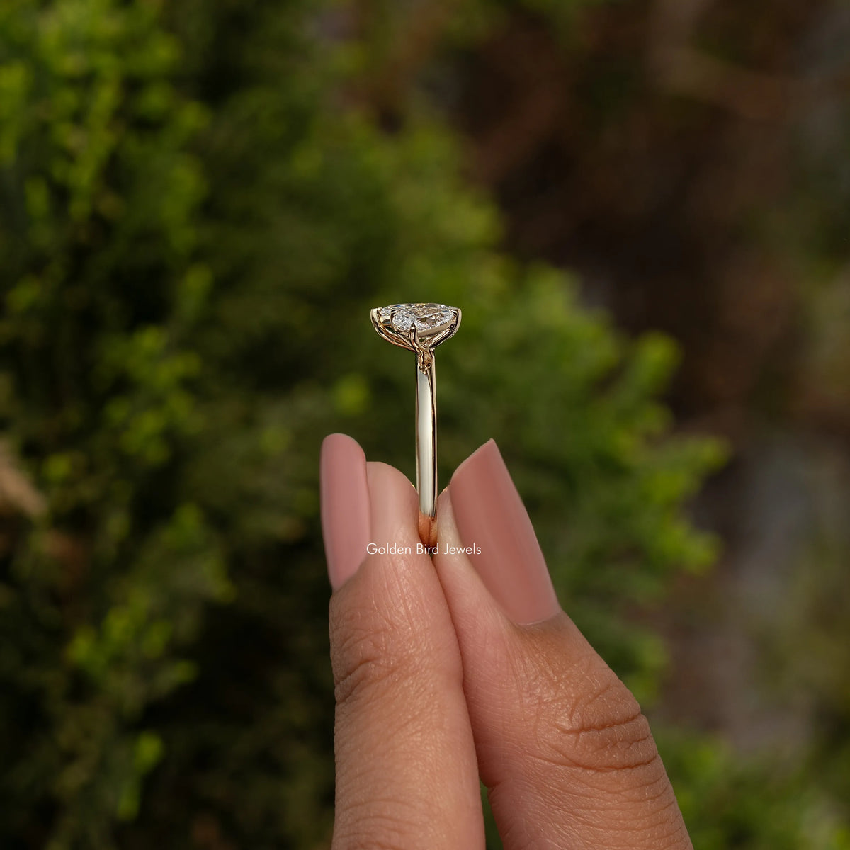 Back view of Lab Diamond Two Stone Ring in secure setting 
