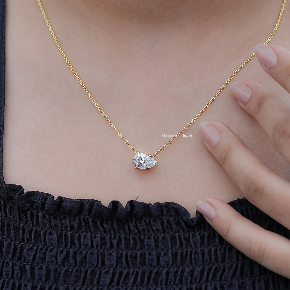 Display View of Pear Shaped Lab Diamond Solitaire Necklace