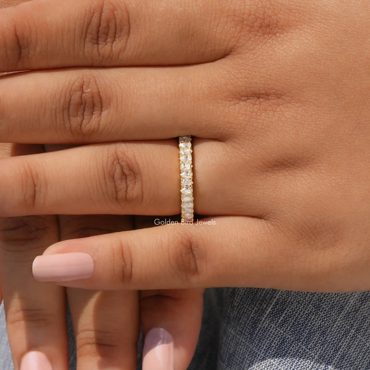 Half-eternity moissanite stacking band with prong-set stones, sterling silver