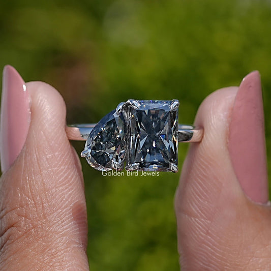 Front View of Pear and Radiant Cut Toi Et Moi Moissanite Ring