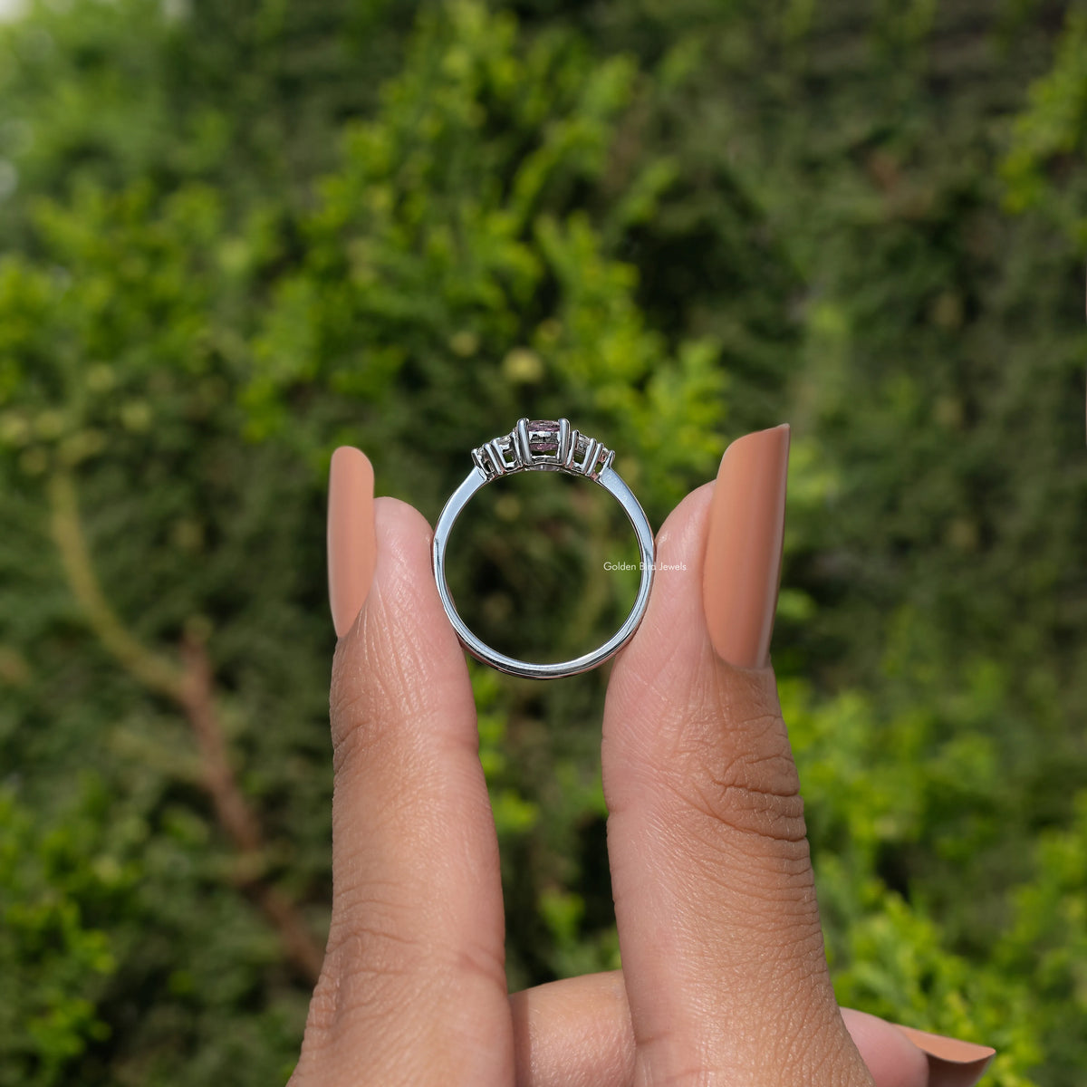 Pink Tourmaline oval gemstone accent ring in silver, back view