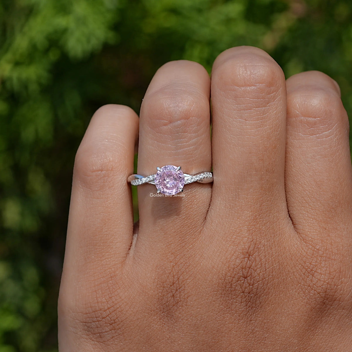Pink tourmaline round gemstone accent ring in silver with pavé band