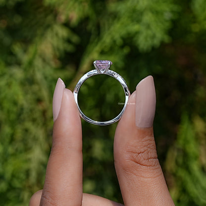 Sterling silver round pink gemstone ring, shown front view