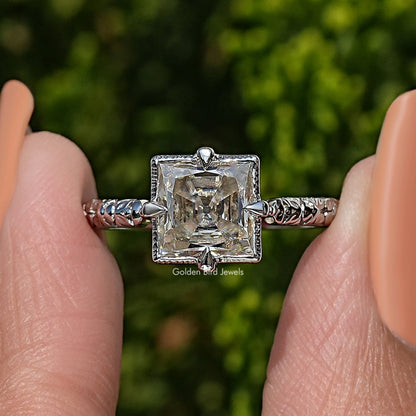 Sterling silver princess-cut moissanite solitaire ring close-up of center stone