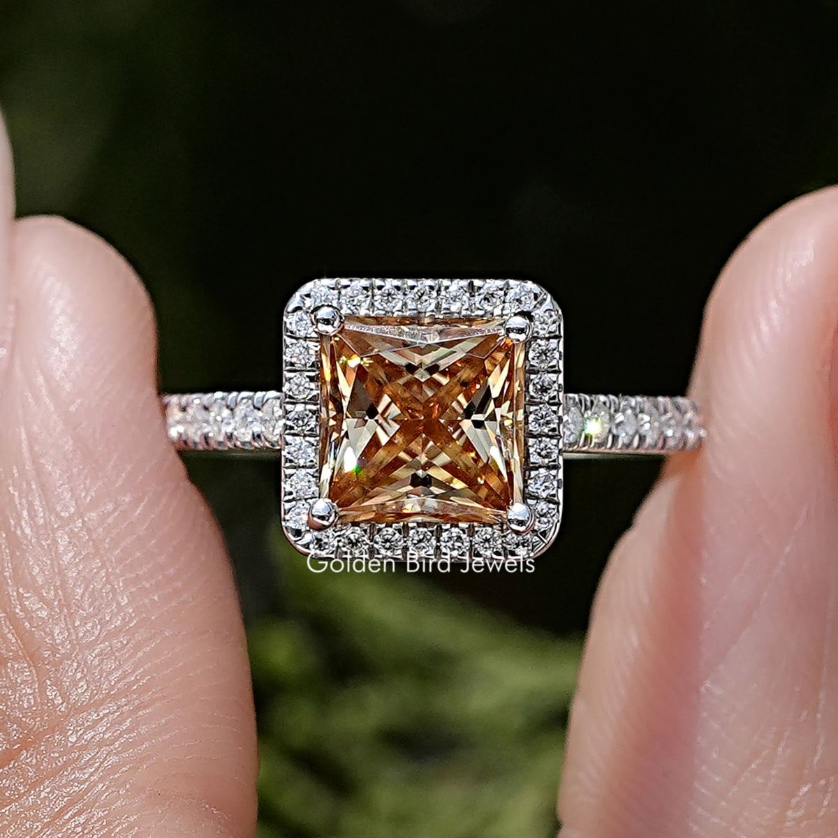 Princess cut moissanite halo engagement ring in sterling silver