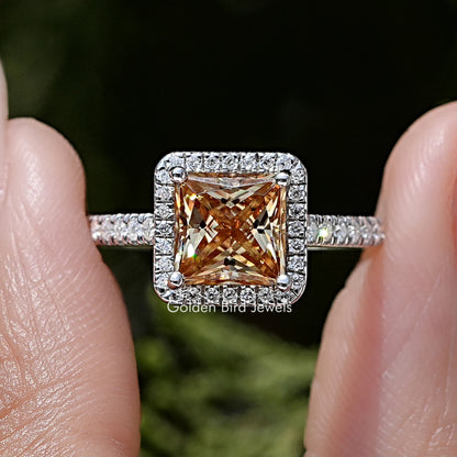 Princess cut moissanite halo engagement ring in sterling silver