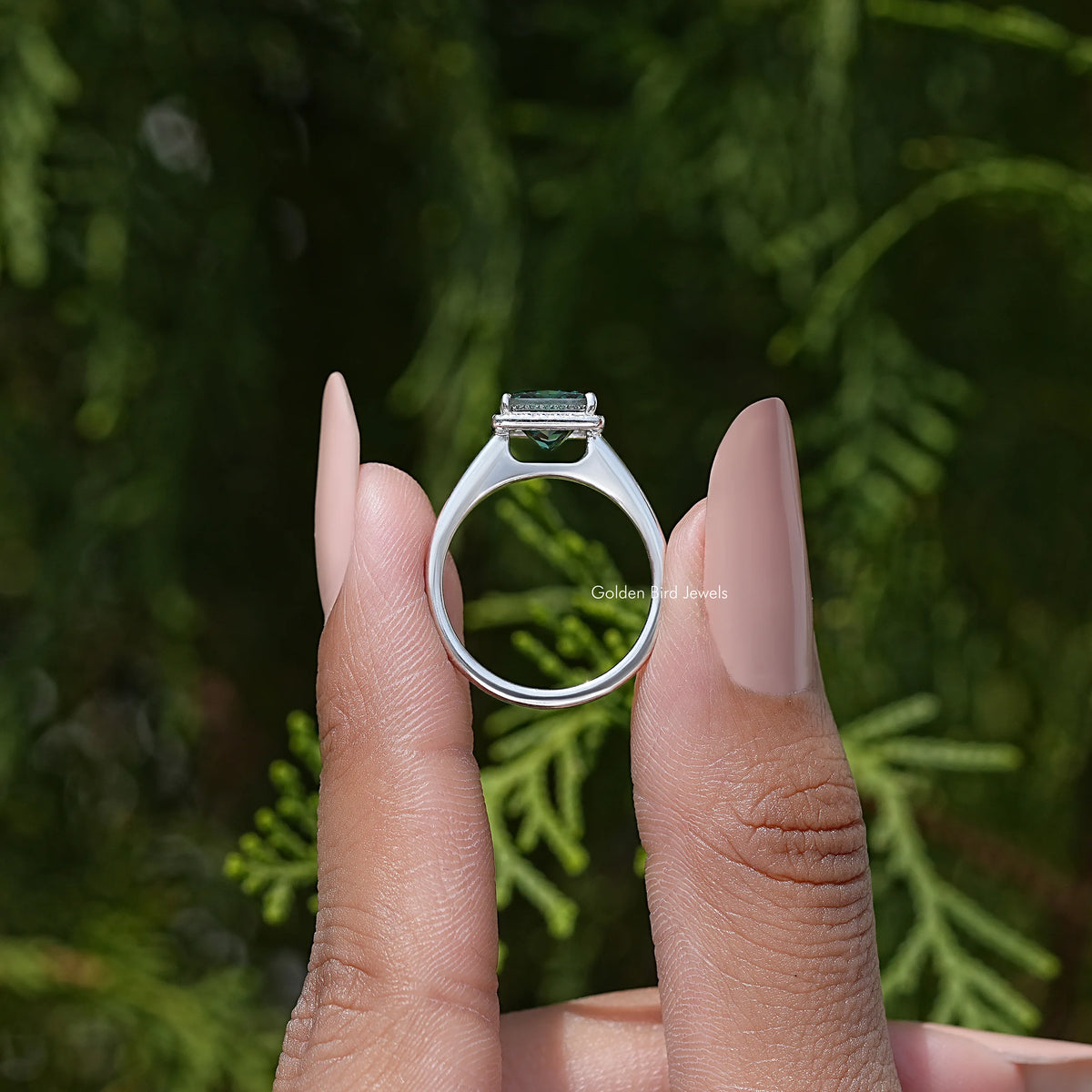 925 sterling silver halo engagement ring viewed from side/back on fingers