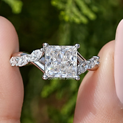 Square-cut moissanite cluster promise ring in 925 sterling silver with small side stones