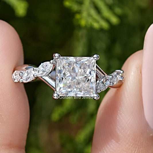 Square-cut moissanite cluster promise ring in 925 sterling silver with small side stones
