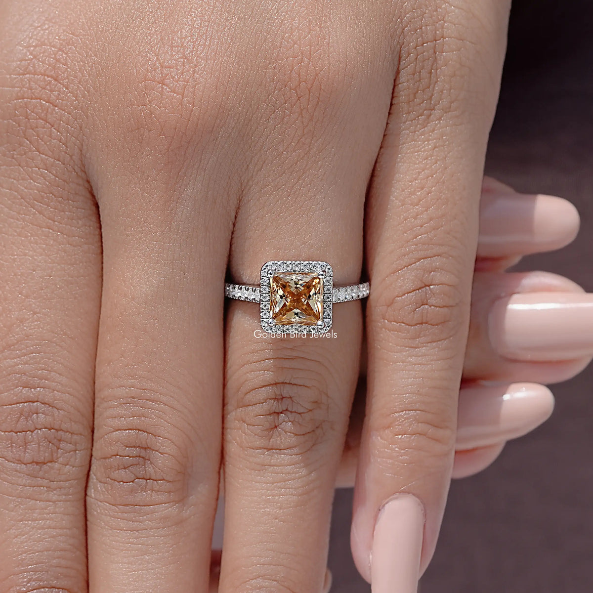 Sterling silver princess-cut moissanite ring with halo square center and pave band