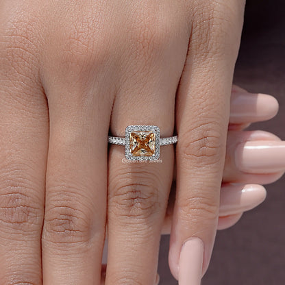 Sterling silver princess-cut moissanite ring with halo square center and pave band