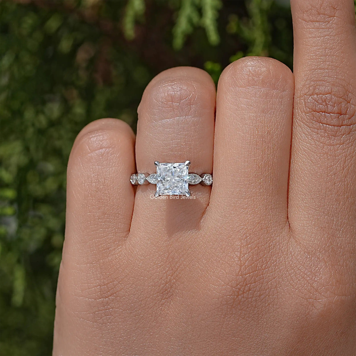 Sterling silver princess-cut ring with pave band and milgrain details