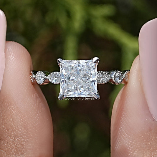 Sterling silver ring with princess-cut clear center stone and milgrain halo accents