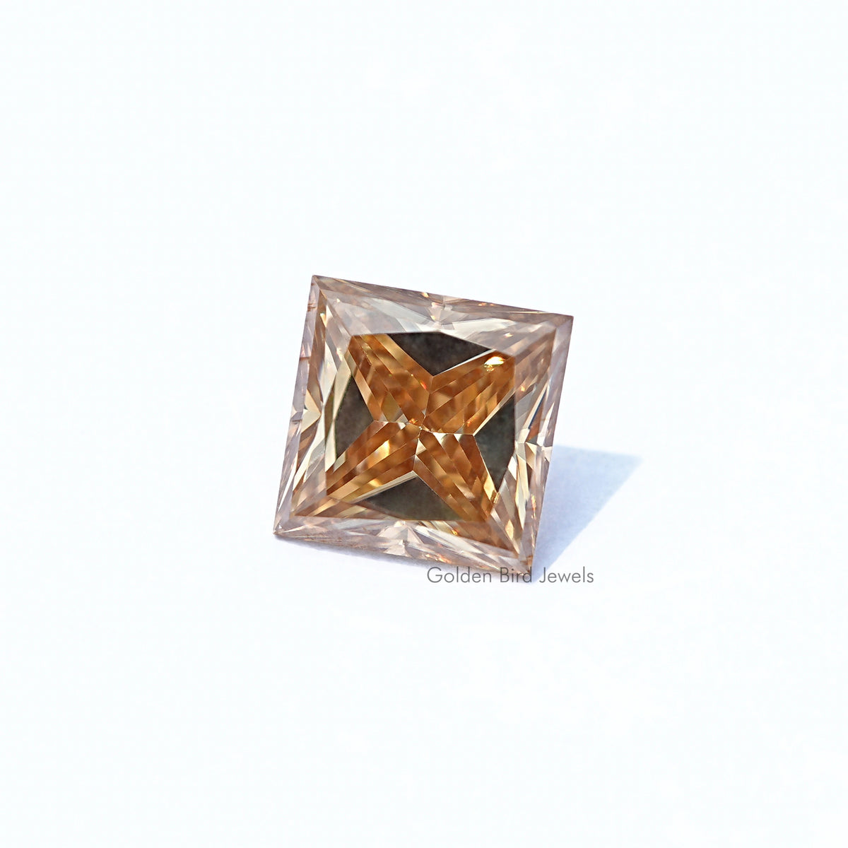 Loose princess-cut moissanite stone, golden amber faceted square