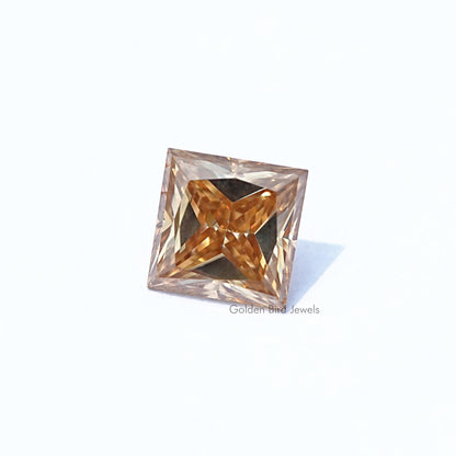 Loose princess-cut moissanite stone, golden amber faceted square