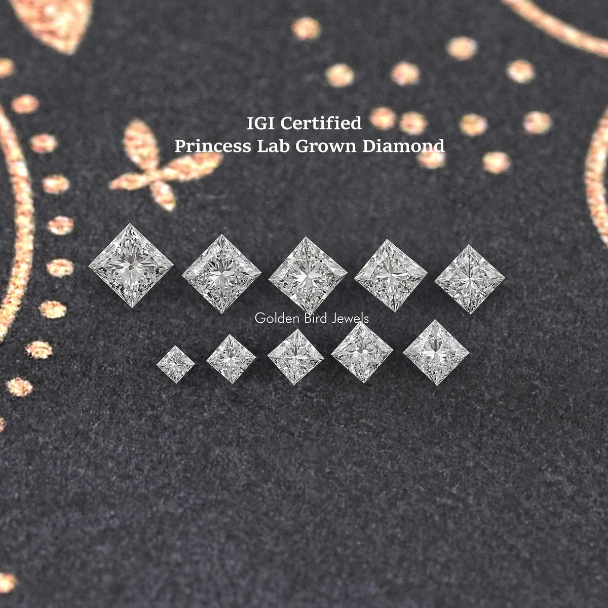 Princess-cut lab-grown diamonds arranged in two rows on dark felt