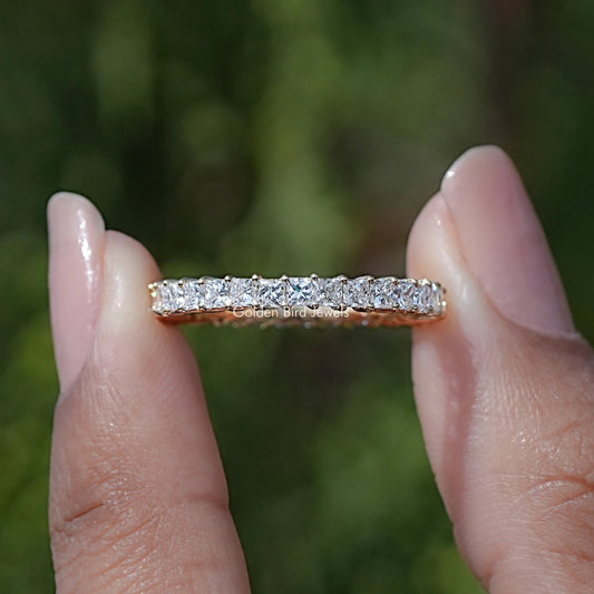 Square-cut diamond eternity band ring, slim full row setting in silver