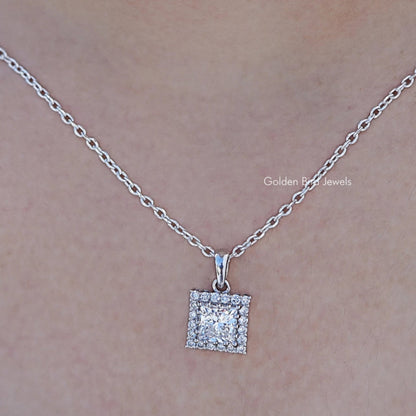 Close up view of Lab Grown Princess Cut Halo Pendant