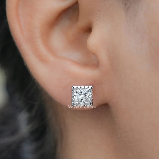 In Ear view of Milgrain Princess Cut Lab Diamond Stud Earrings