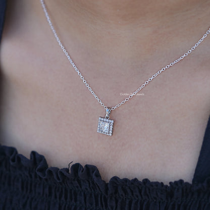 In Neck View of Princess Cut Lab Diamond Halo Pendant