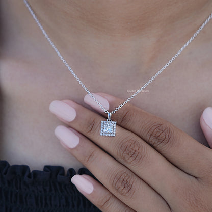 Display View of Lab Diamond Princess Cut Halo Pendant