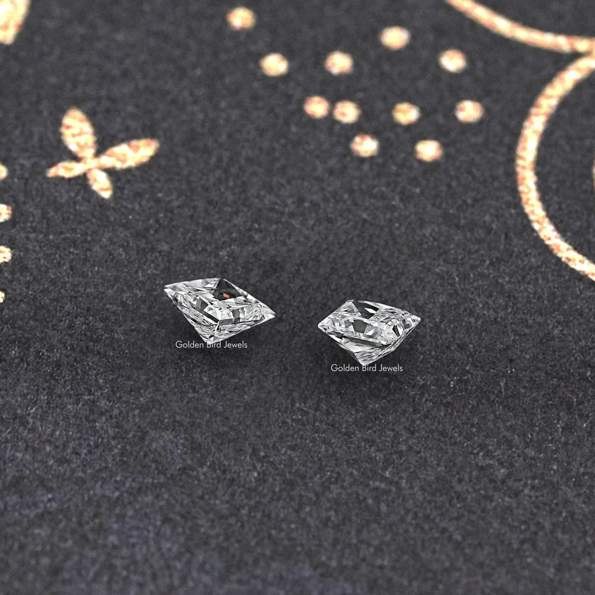 Pair of princess-cut lab-grown diamonds, square stones with faceted sparkle