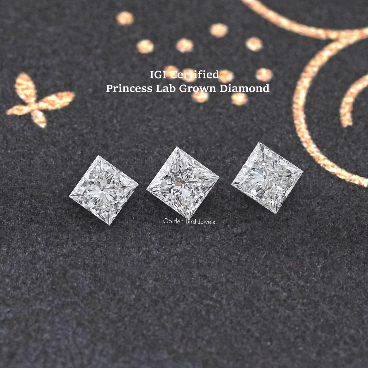 Three princess-cut lab-grown diamonds on dark felt, three-stone arrangement