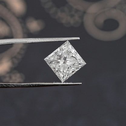 Loose princess cut lab diamond in metal tweezers, clear white princess cut square