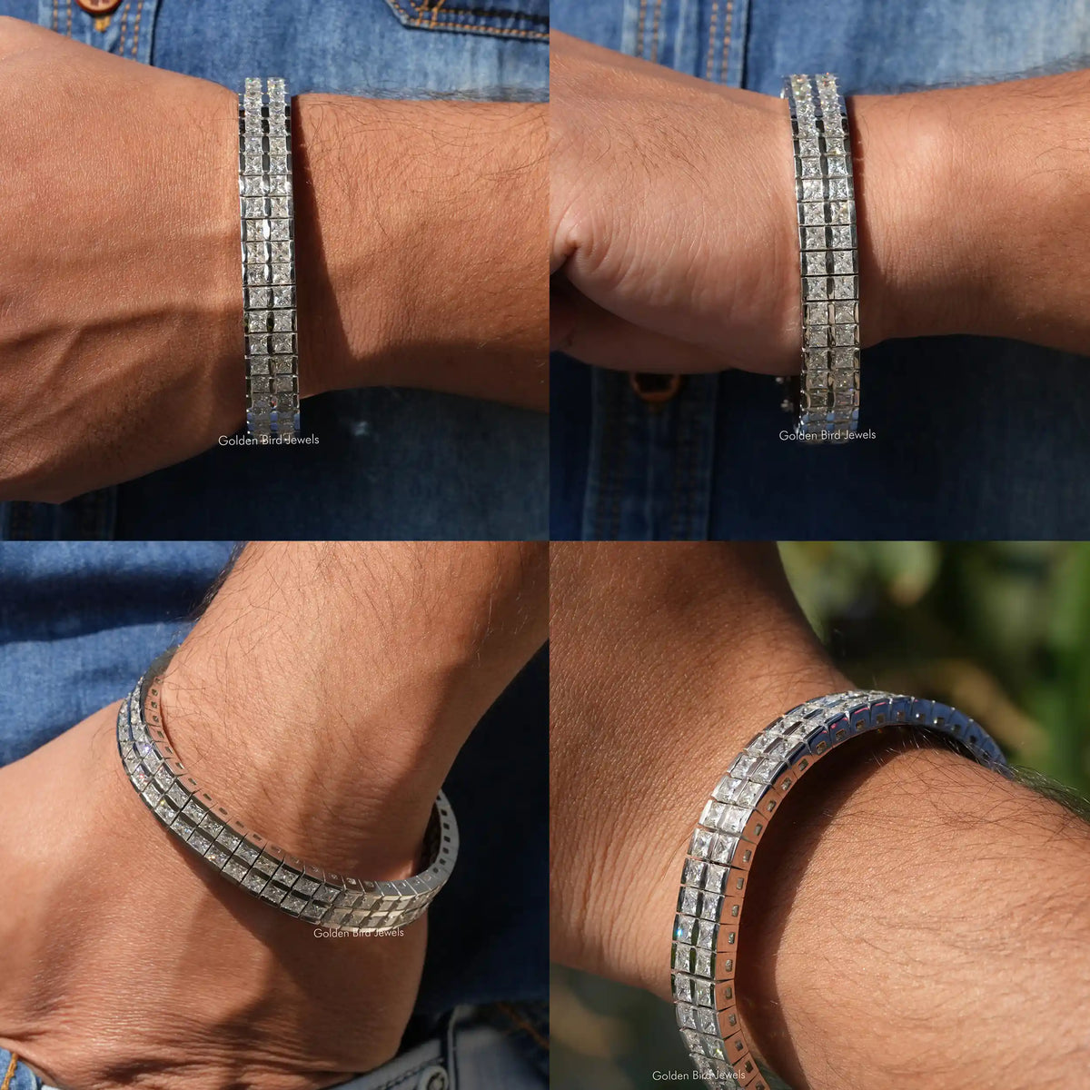 Men's tennis bracelet worn on wrist, close-up of stacked princess-cut stone rows