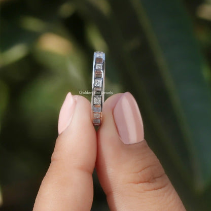 925 sterling silver eternity band with princess-cut moissanite square stones, slim profile