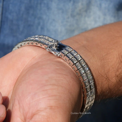Men's tennis bracelet with square princess-cut moissanite stones, hinged clasp