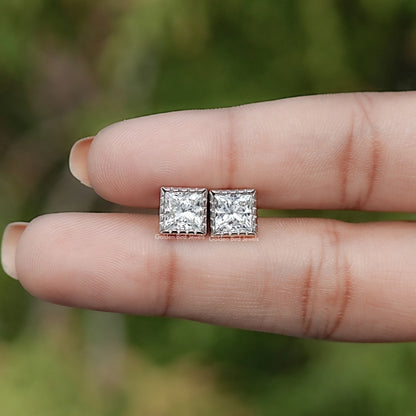 In Hand View Of Princess Cut Lab Diamond Stud Earrings