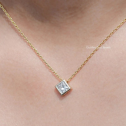 Front View of Princess Cut Lab Diamond Bezel Set Solitaire Pendant