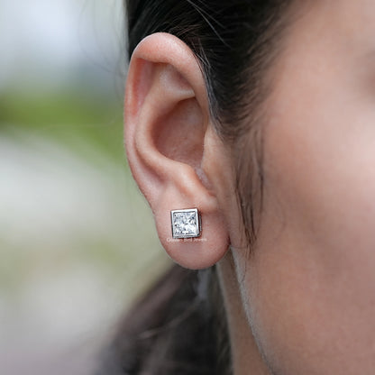 In Ear View of Princess Lab Diamond Stud Earrings