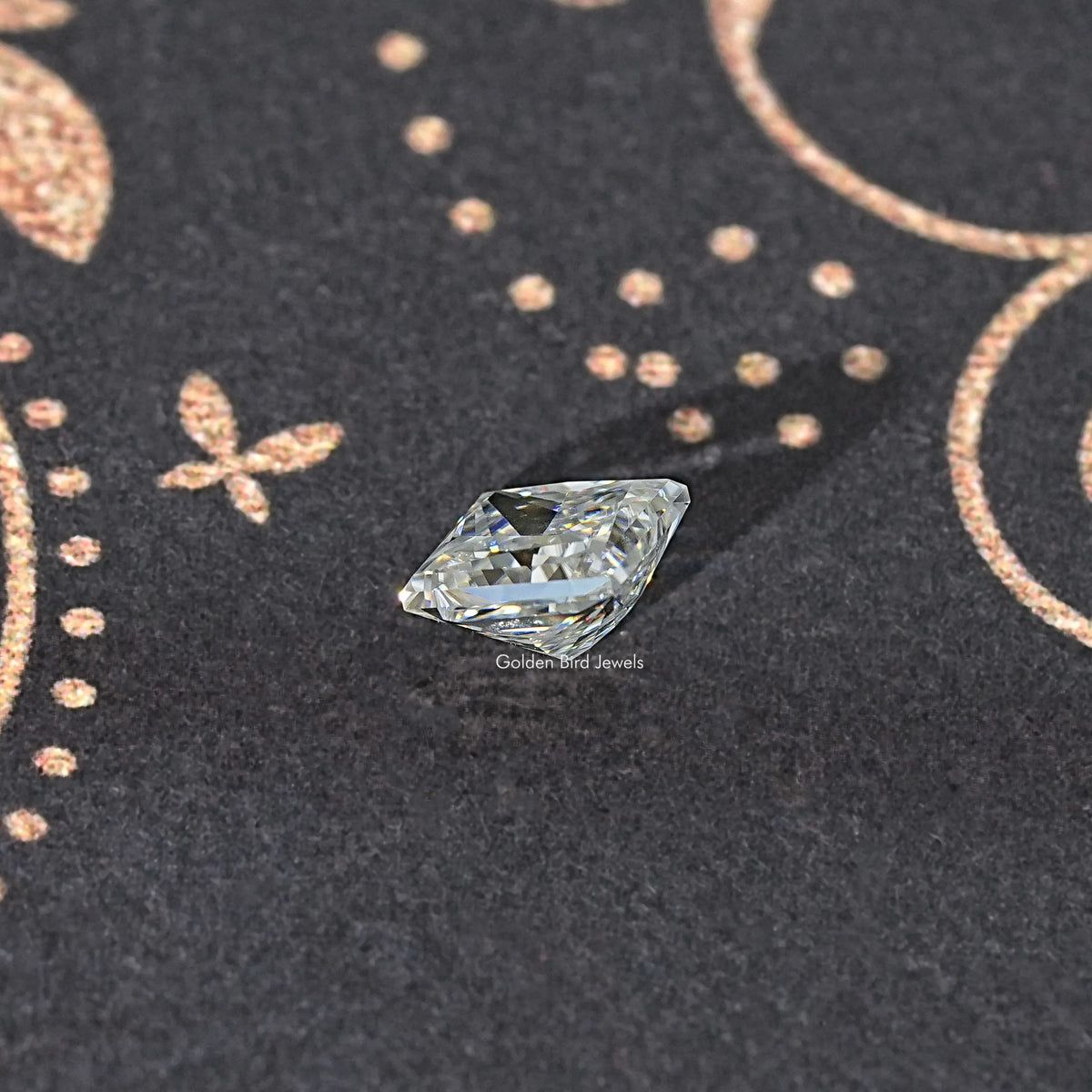 Princess-cut moissanite loose stone, tilted view with bright faceted flashes.
