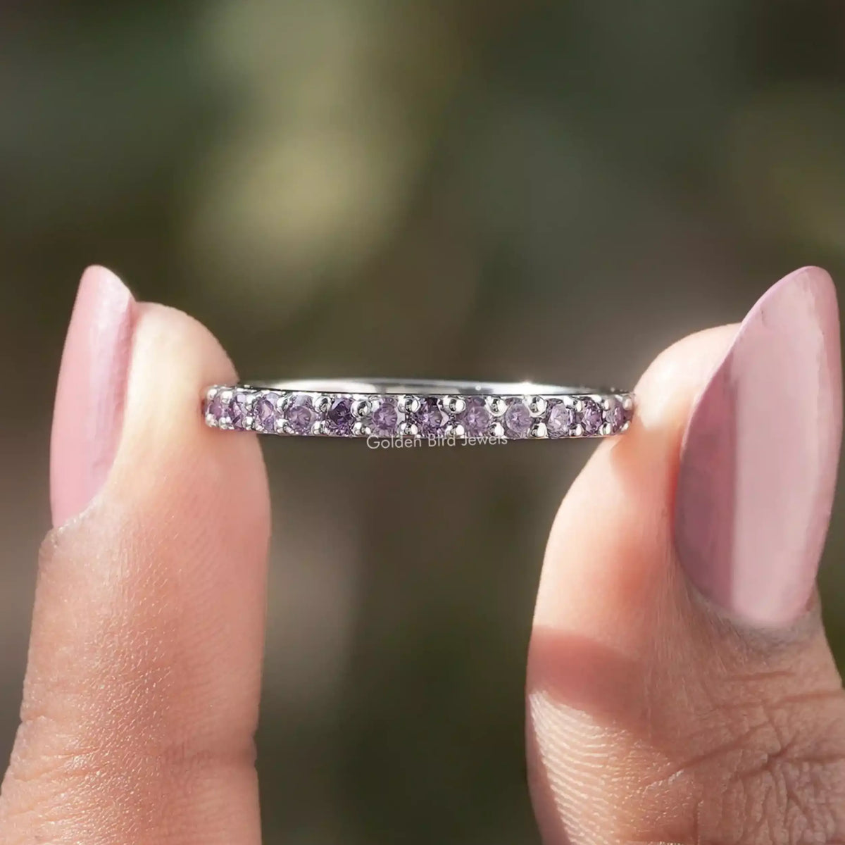 Front view of Purple Alexandrite Round Gemstone Eternity Band	