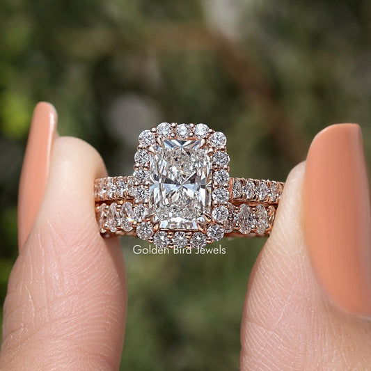 Radiant-cut diamond halo bridal ring set with pavé band