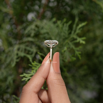 Engagement ring profile with rectangular center stone and prong setting