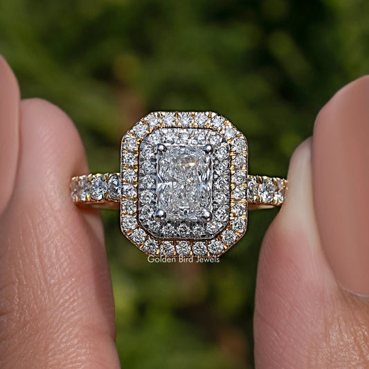 Radiant cut diamond double halo engagement ring with pavé band