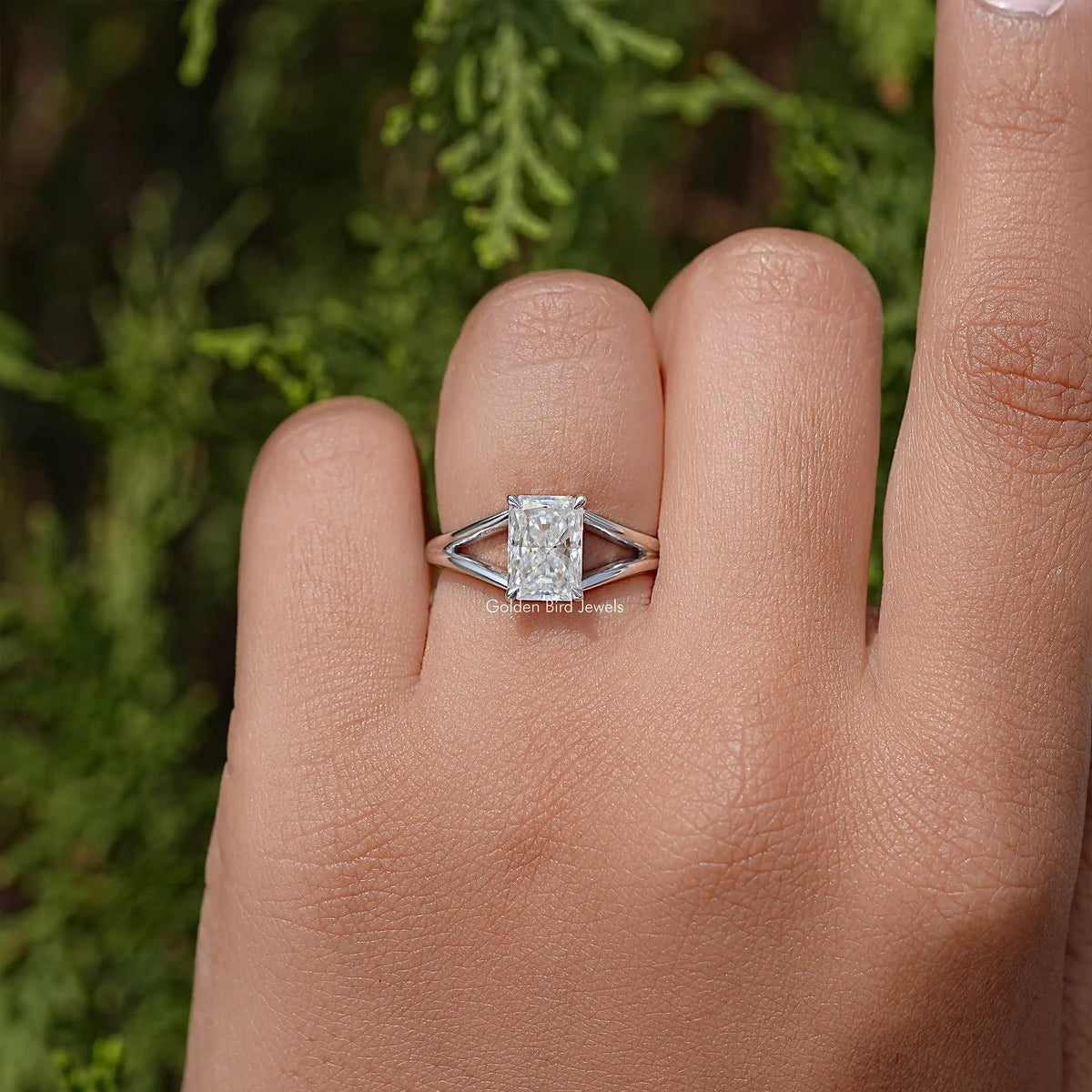 Sterling silver split-shank engagement ring with square radiant moissanite