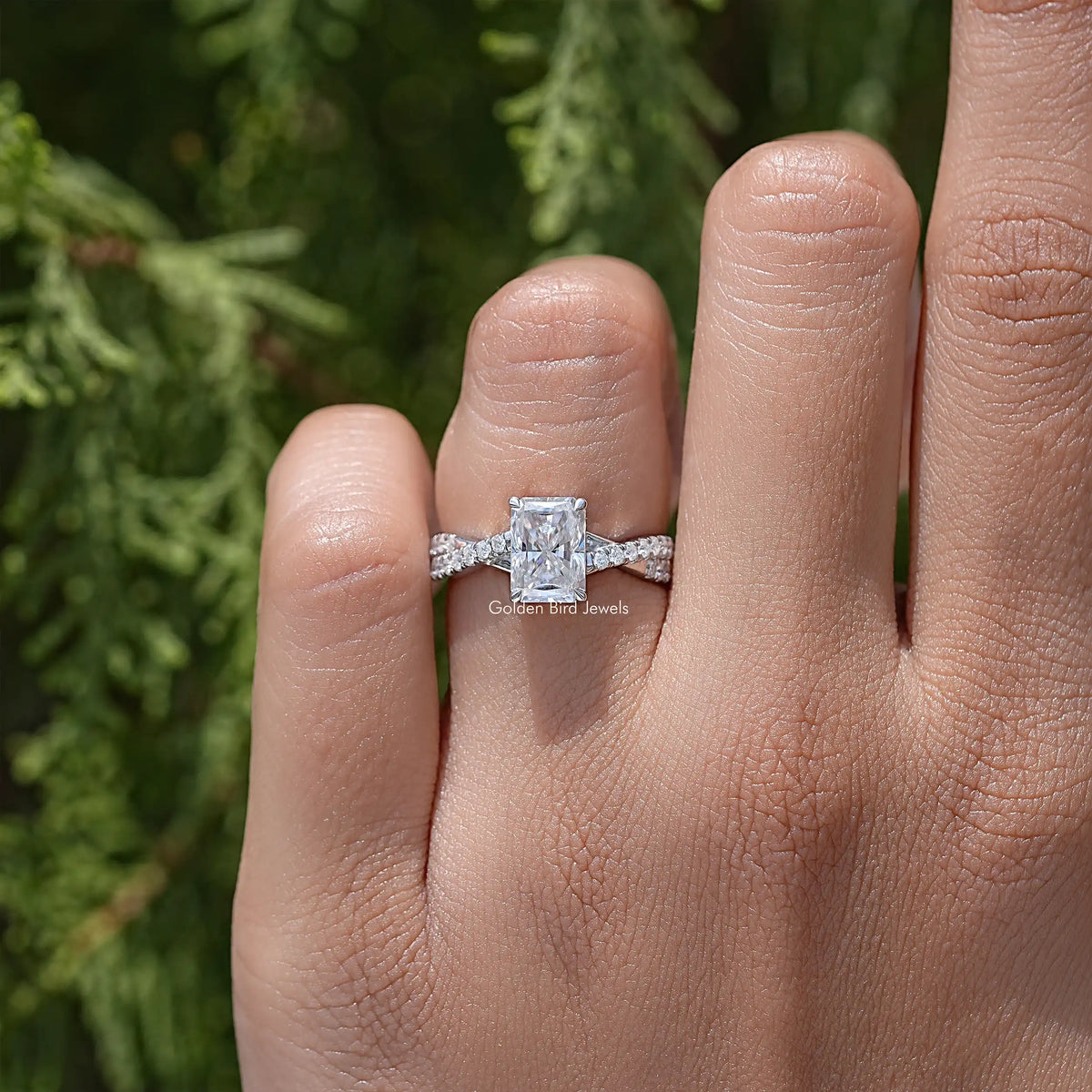 Sterling silver twisted band wedding ring with square moissanite center stone