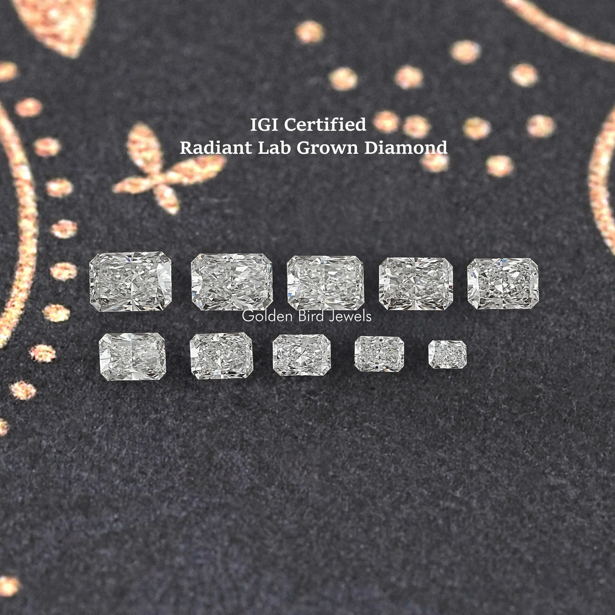 Radiant cut lab-grown diamonds arranged in two rows on display